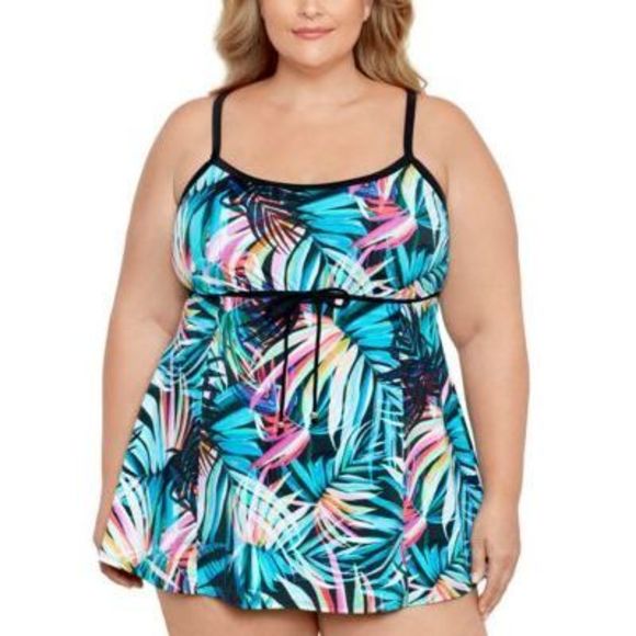 Swim Solutions 20W Plus Size Tummy Control Empire Swimdress